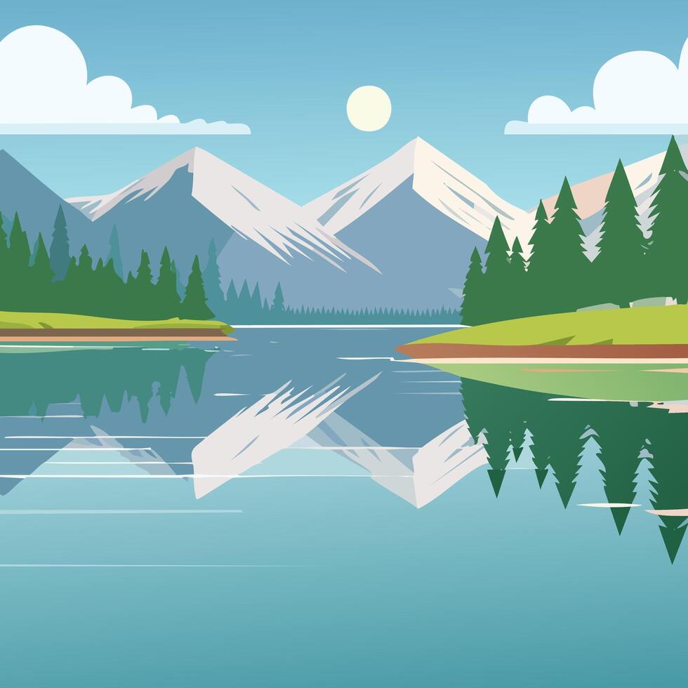A tranquil lake reflecting snowy mountains and trees vector