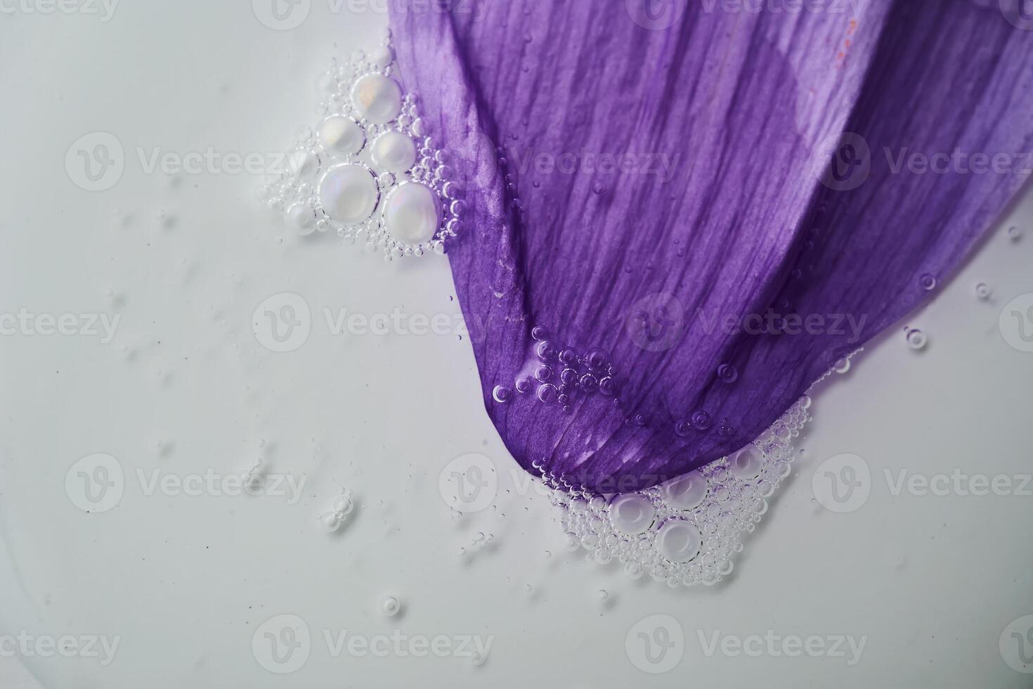 A drop of serum on a purple flower petal. photo
