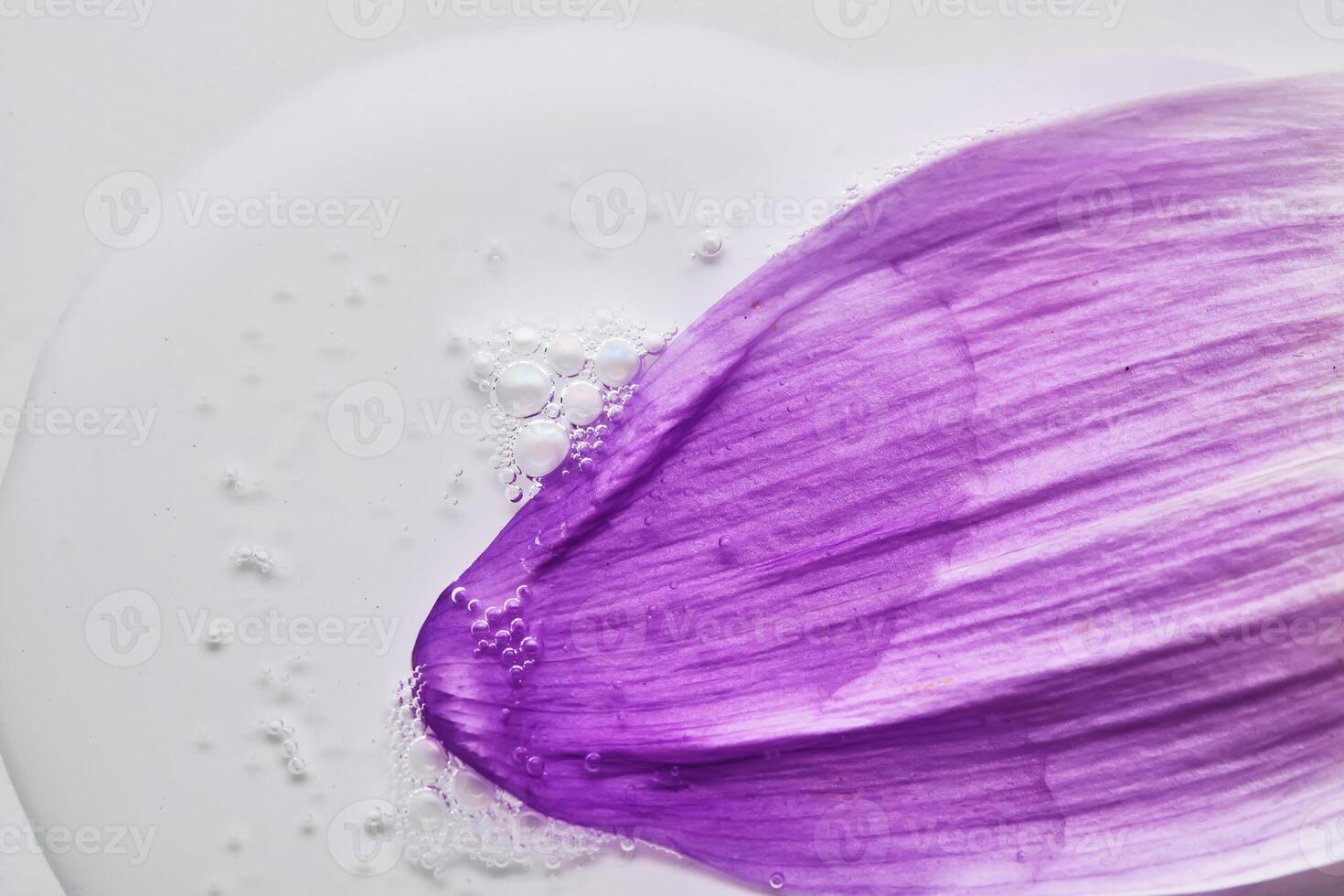 A drop of serum on a purple flower petal. photo