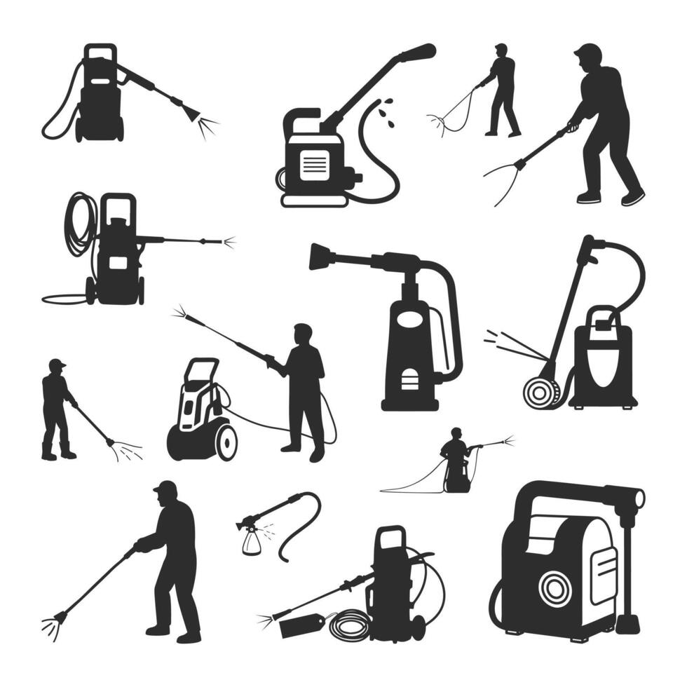 High-pressure washer icons vectors Silhouette Illustration. Car wash foam. Water soap cleaning