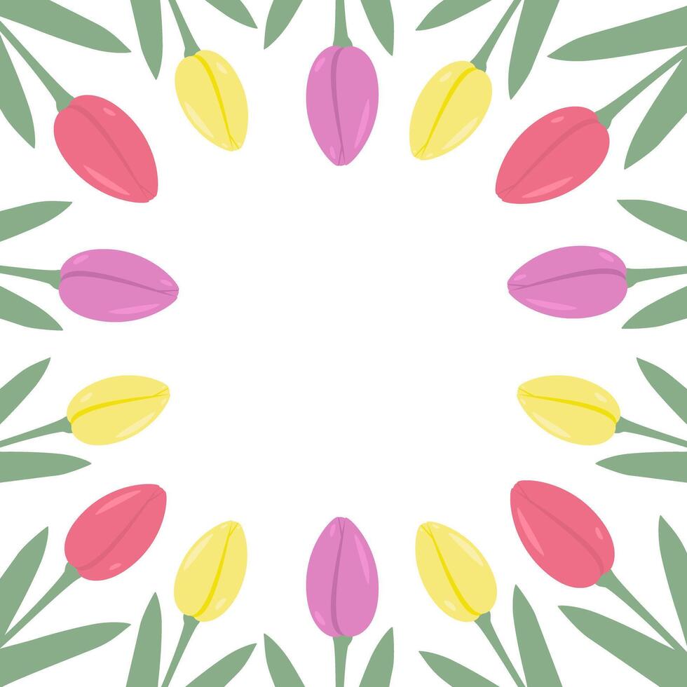 Colorful tulips Square frame border in trendy spring shades. International Womens Day Template idea. Copy space. Isolated illustration Greeting cards, poster, banner, label, media or web promo vector