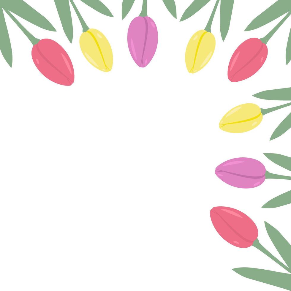 Tulips Top Corner frame border in trendy soft shades. Womens Day or Mothers Day greeting Template. Copy space. Isolated illustration Greeting cards, poster, banner, label, media or web promo vector