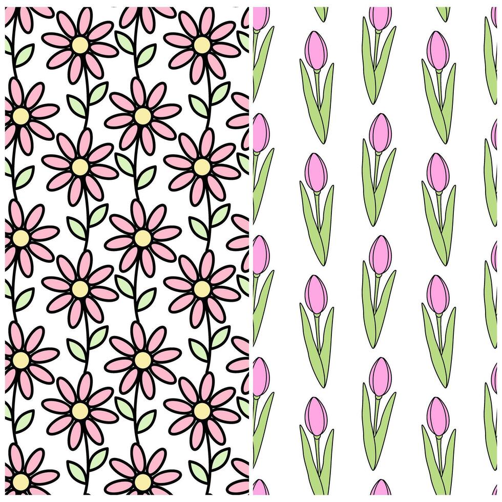 Blossom Daisies and tulips Seamless pattern in trendy soft soring shades. Spring background Set of 2. Isolated illustration Cards, poster, leaflets, banner, greetings, price, label or web promo vector
