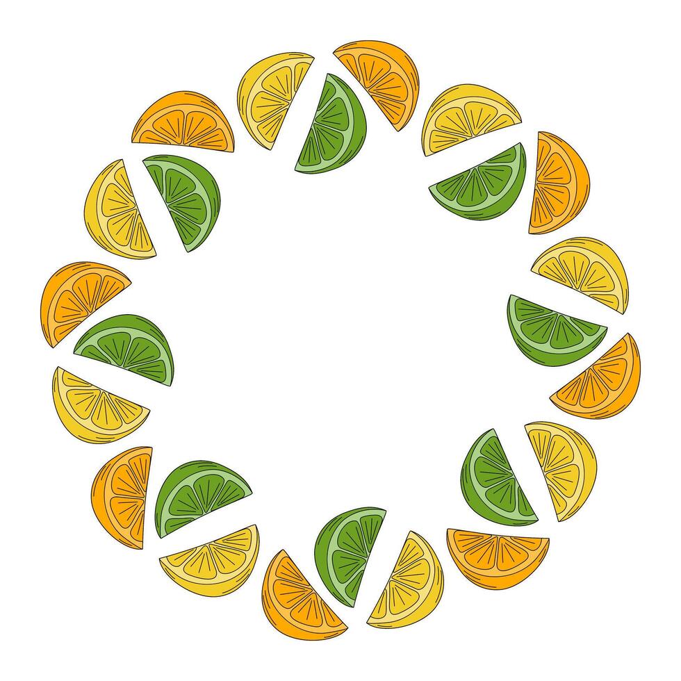 Lime, lemon and orange slices Round Frame border in trendy minimalist Pop Art Decorative Template. Copy space. Isolated illustration Cards, posters, leaflets, banner, price, label or web promo vector