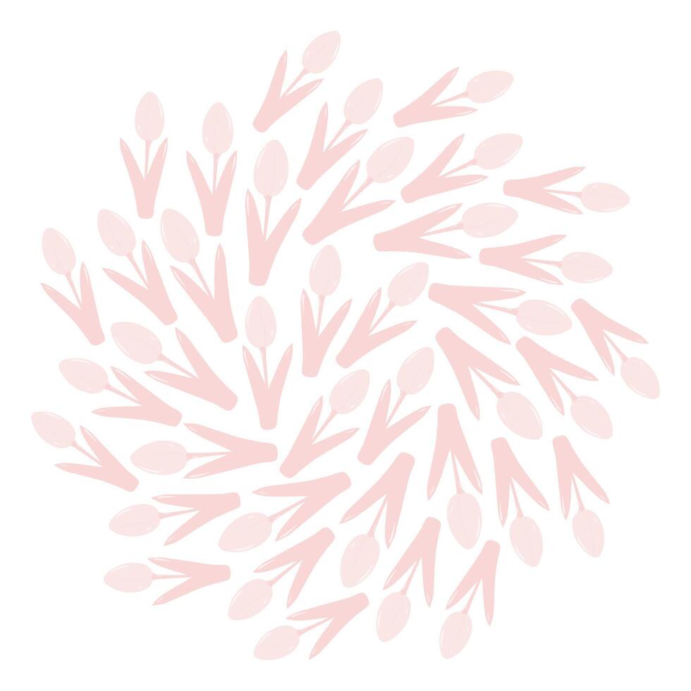 Tulips Circle background texture in trendy monochrome soft pink. Spring greetings or wallpaper idea. Isolated illustration Thematic cards, posters, leaflets, banners, price, label or web promo vector