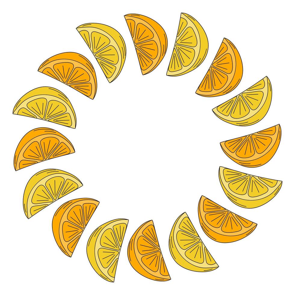 Lemon and orange slices in trendy Pop Art with black stroke. Round Frame border. Copy space Template. Isolated illustration Cover, posters, leaflets, banners, brochures, price tag, label or web vector