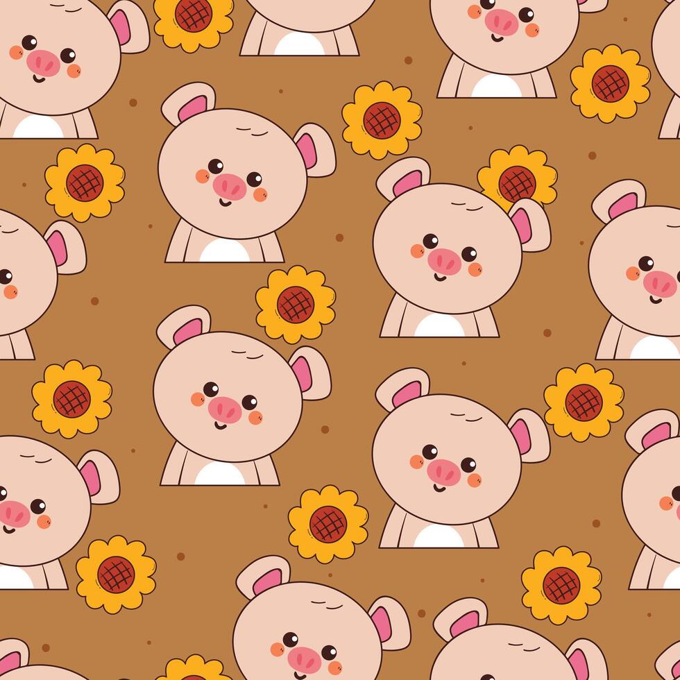 seamless pattern cartoon pig with flowers. cute animal wallpaper for fabric print, gift wrap paper vector