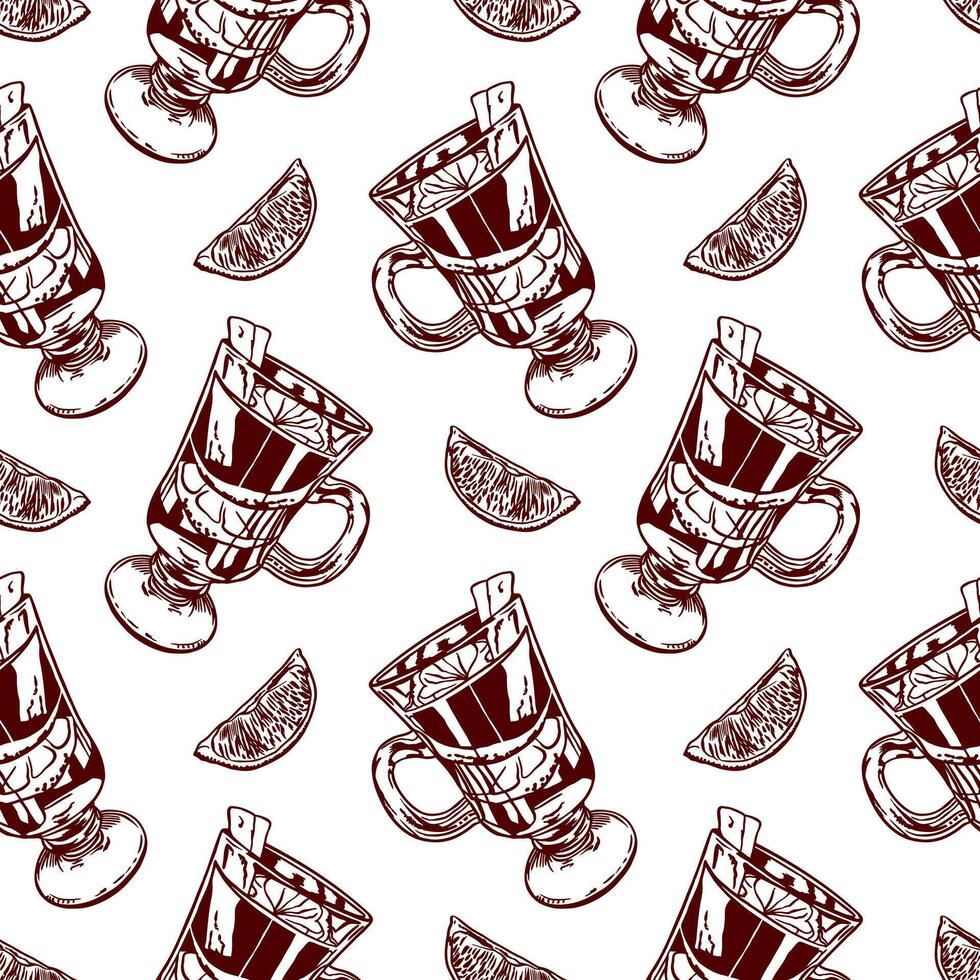 Mulled wine and lemon slice, seamless pattern. Illustration in graphic style. For wrapping paper, textile, fabric, covers, craft packaging. vector