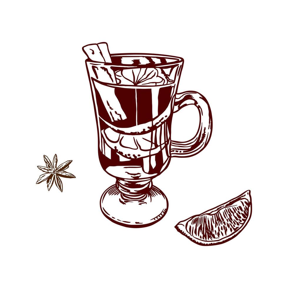 Mulled wine with cinnamon, lemon wedge, star anise. Illustration in graphic style. For Christmas invitations, cards, posters, banners, labels. vector