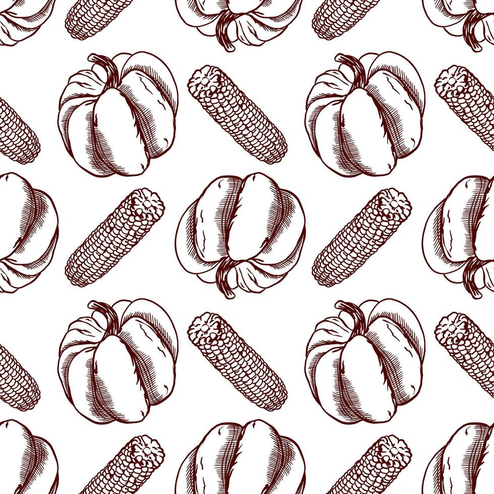 Pumpkin and corn seamless pattern. Illustration in graphic style. For wrapping paper, textile, wallpaper, fabric, covers, cards and labels. vector