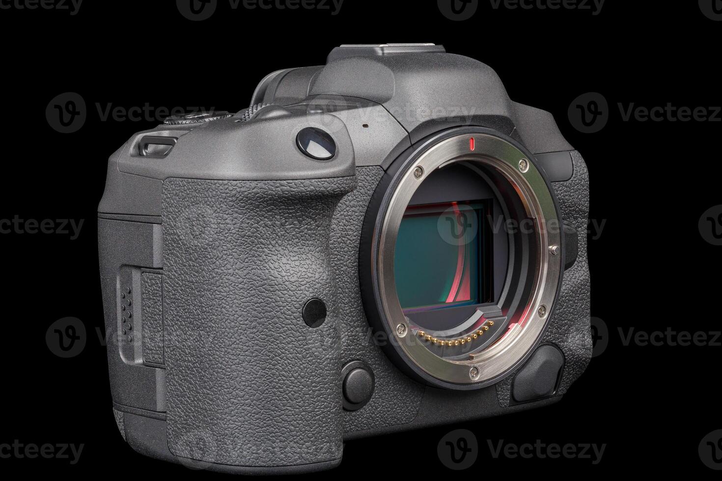 black professional mirrorless camera body isolated on black background photo