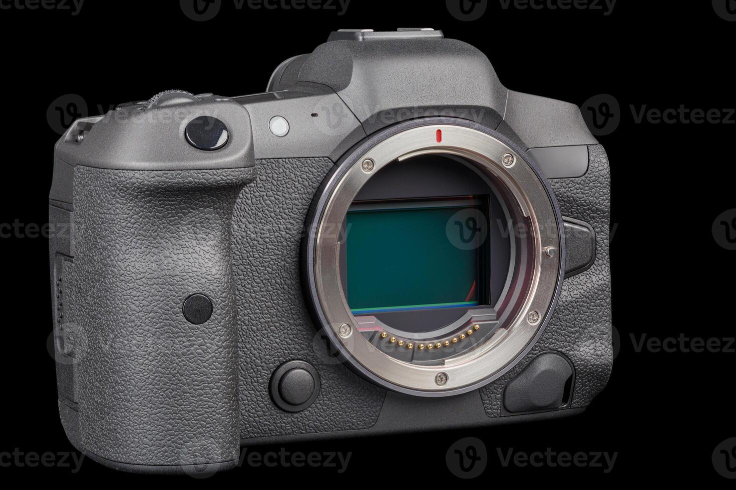 black professional mirrorless camera body isolated on black background photo