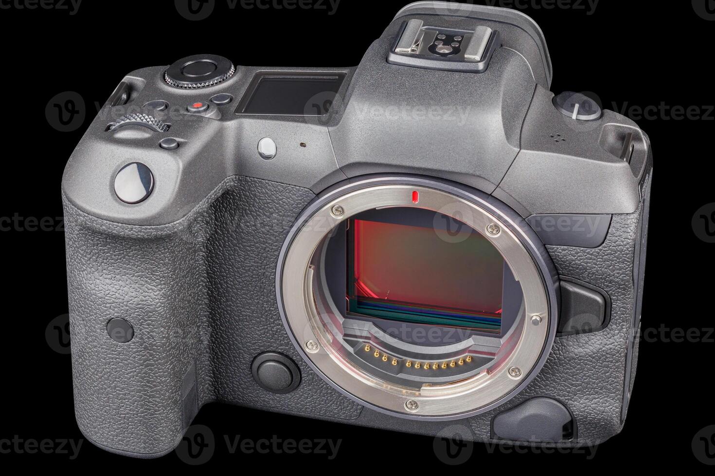 black professional mirrorless camera body isolated on black background photo