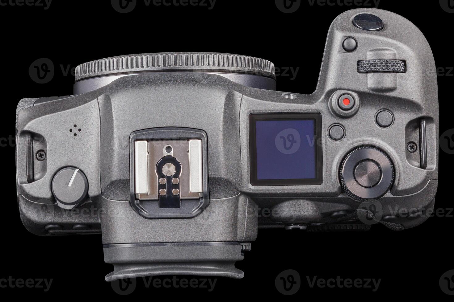 black professional mirrorless camera body isolated on black background photo