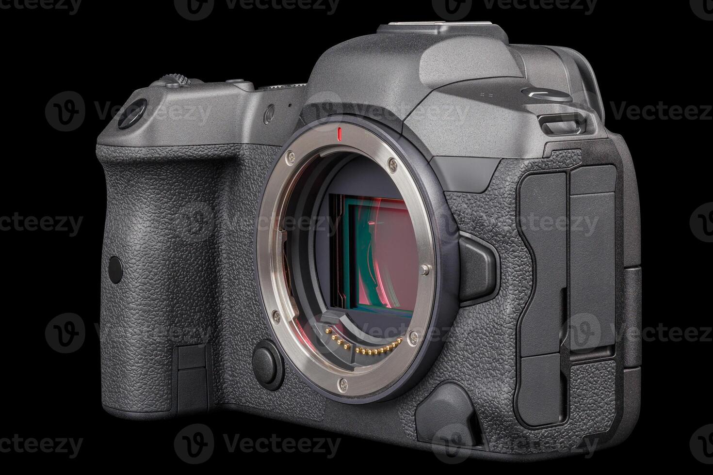 black professional mirrorless camera body isolated on black background photo