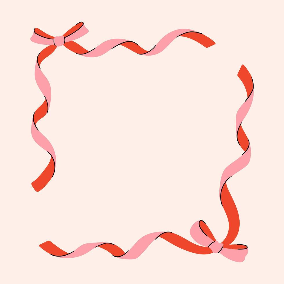 Frame of coquette pretty charming pink bows and ribbons. Hand drawn trendy ribbons border. Vintage bowknots frame for greeting cards, wedding, invitations vector