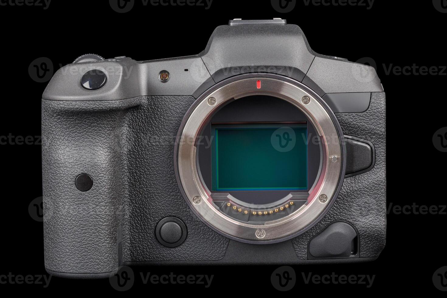 black professional mirrorless camera body isolated on black background photo