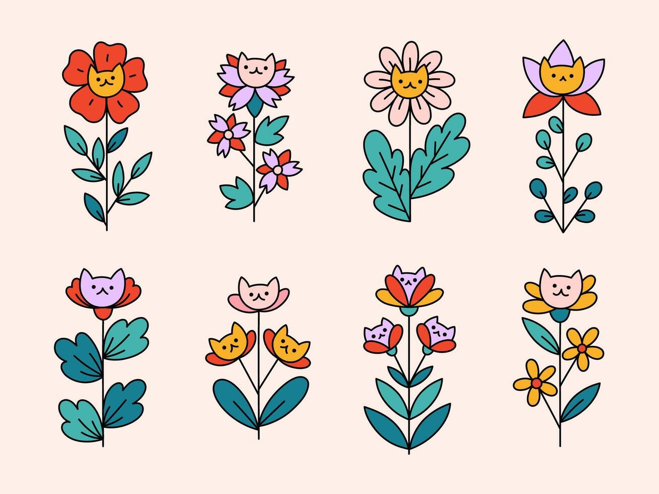 Retro set of field and garden flowers with cute cats. Fantasy plants hand drawn in doodle style for floral decoration. Collection of botanical simple plants vector