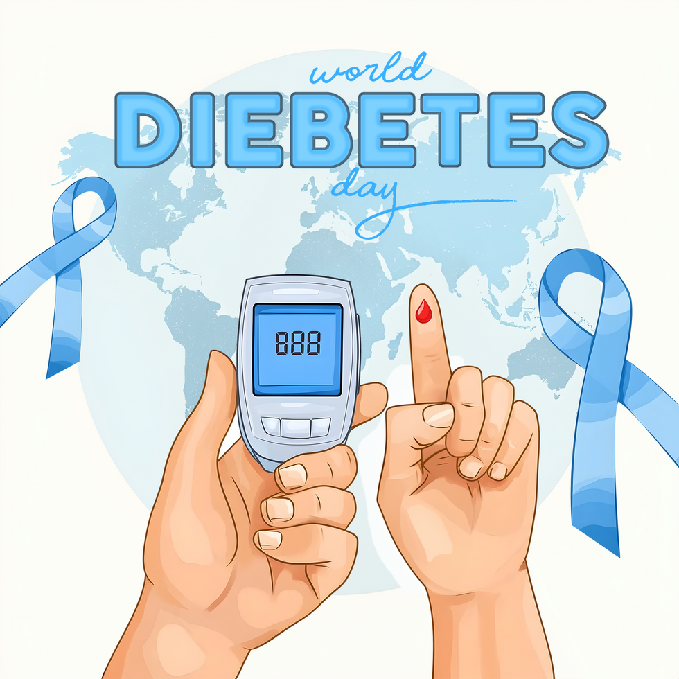 Diabetes awareness day with Diabetes blue ribbon and glucometer instrument background psd