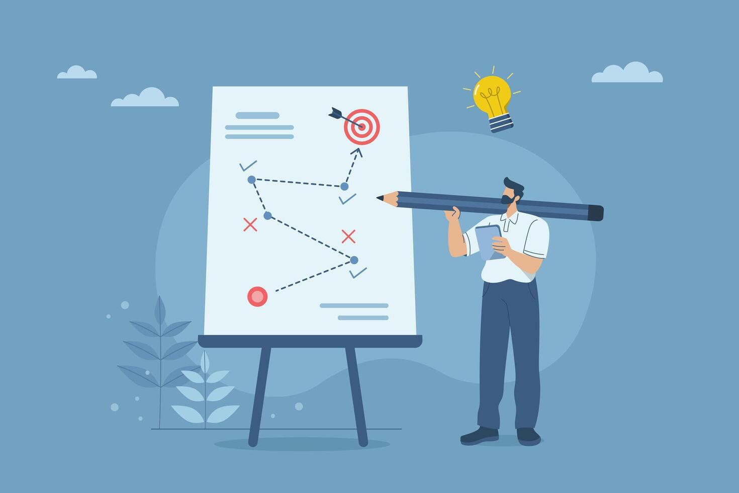 Businessman holding a big pencil planning strategy on a whiteboard, Business strategic planning towards success or goal, Competitor analysis and overcoming marketing obstacles, Business success. vector