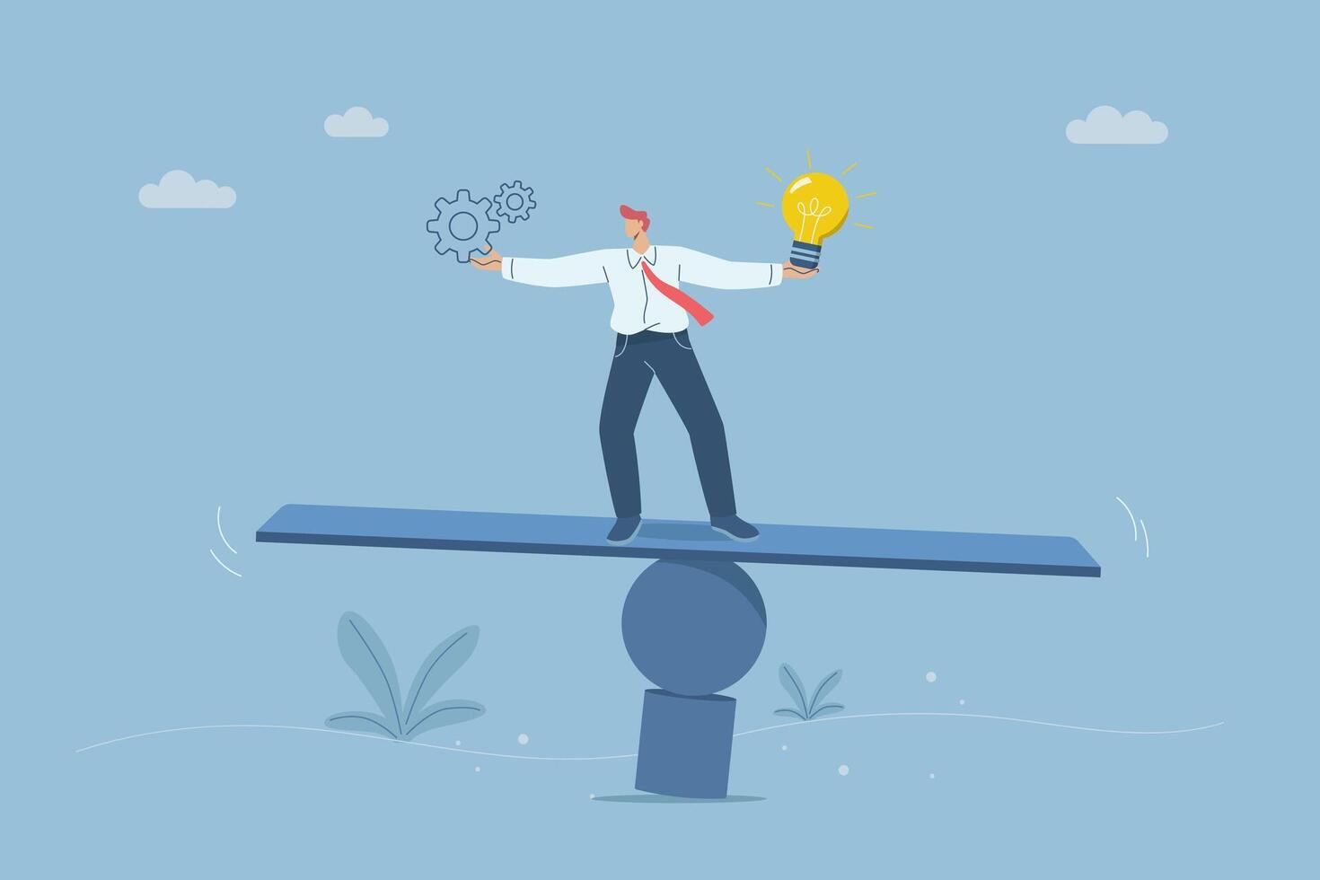 Concept of flexibility and adaptability, Flexibility or agility in response to uncertain situations, Adapting strategies to adverse business situations, Businessman balancing on a plank. . vector