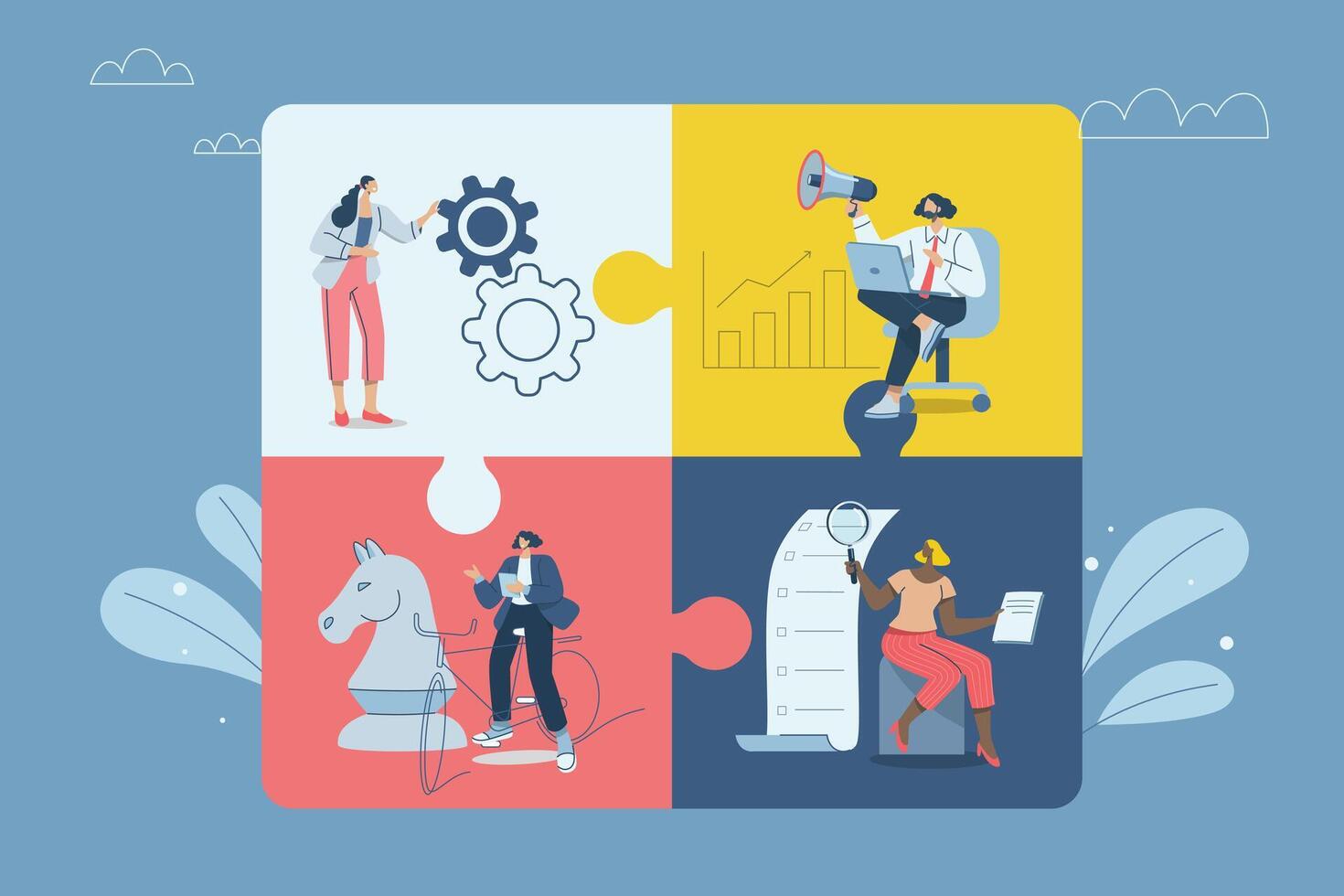Effective teamwork, Organizational collaboration, Strategic partnership concepts, Brainstorming, Corporate business team and connecting jigsaw puzzle elements. design illustration. vector