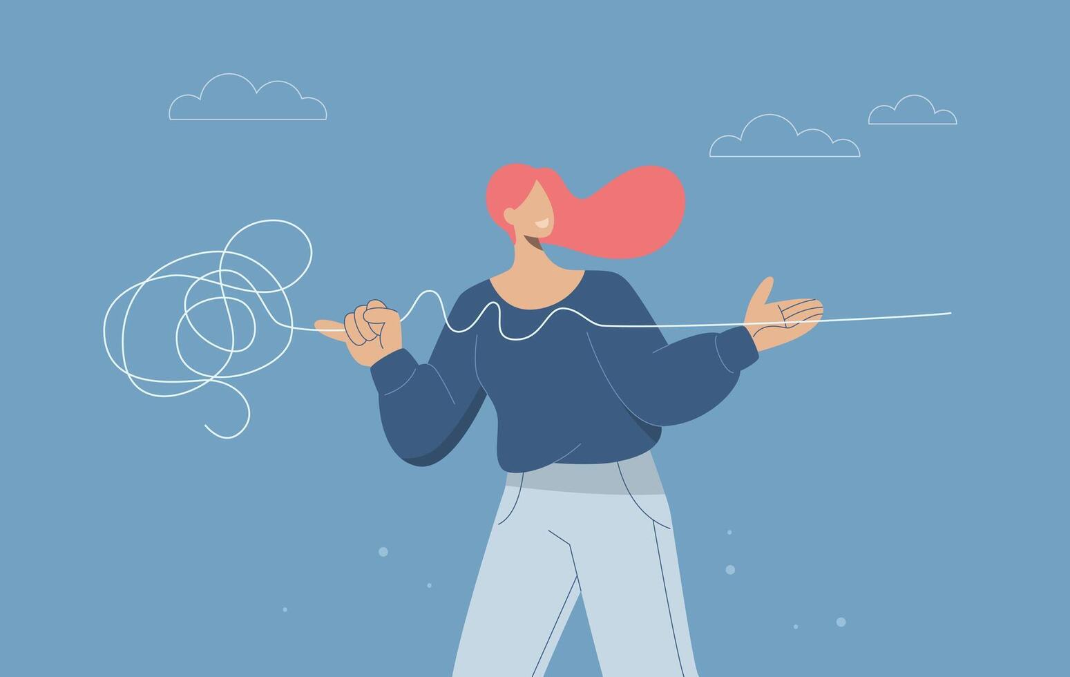 Complex problem solving process to simple problem solving concept, Problem solving skills by thinking of solutions, Businesswoman untangling a tangled rope into a simple straight line. design vector