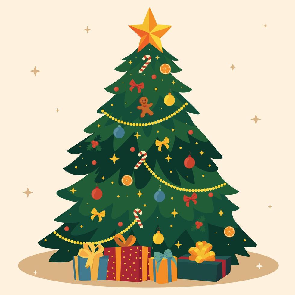 Decorated Christmas tree with gift boxes, a star, lights, decoration balls and lamps. Merry Christmas and happy New Year. illustration. vector