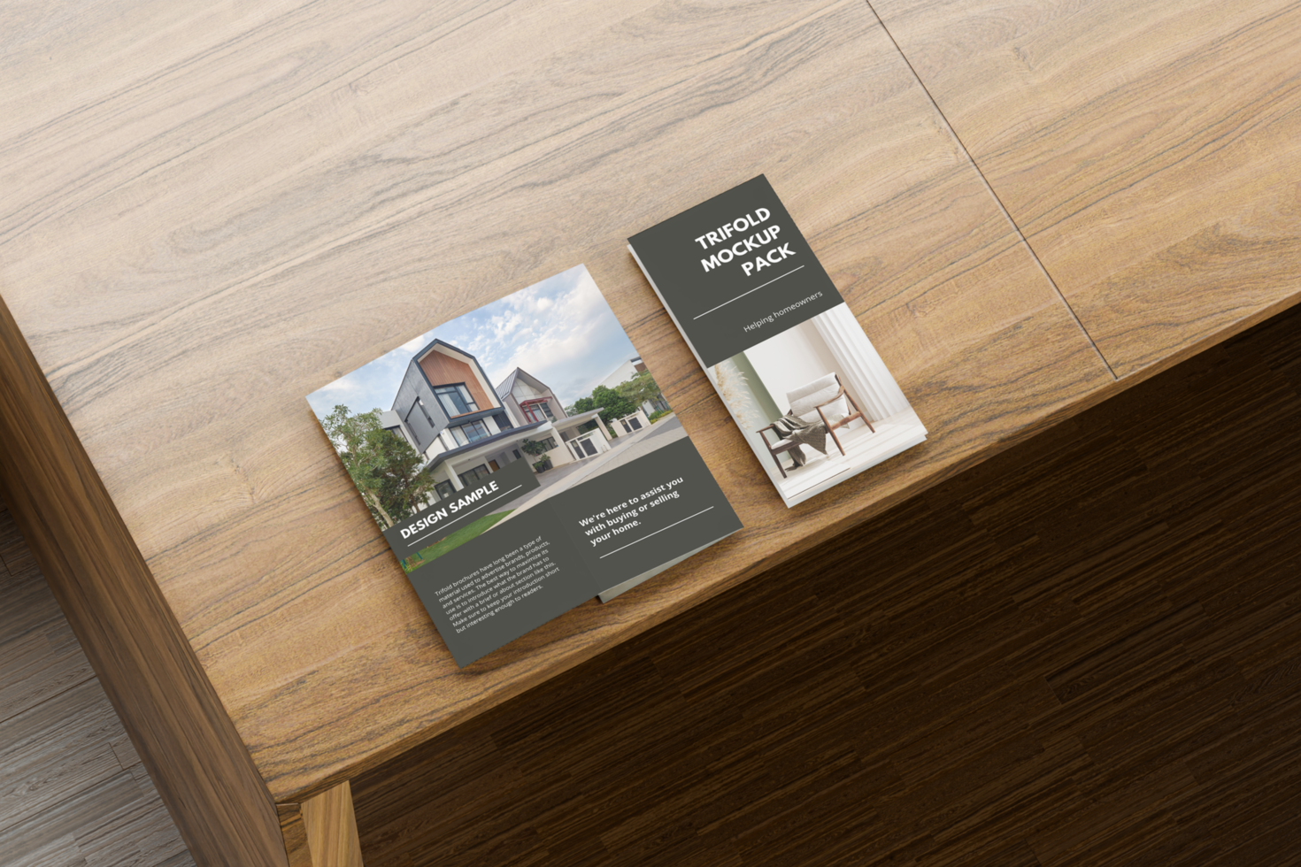 Trifold Brochure Mockup above table psd
