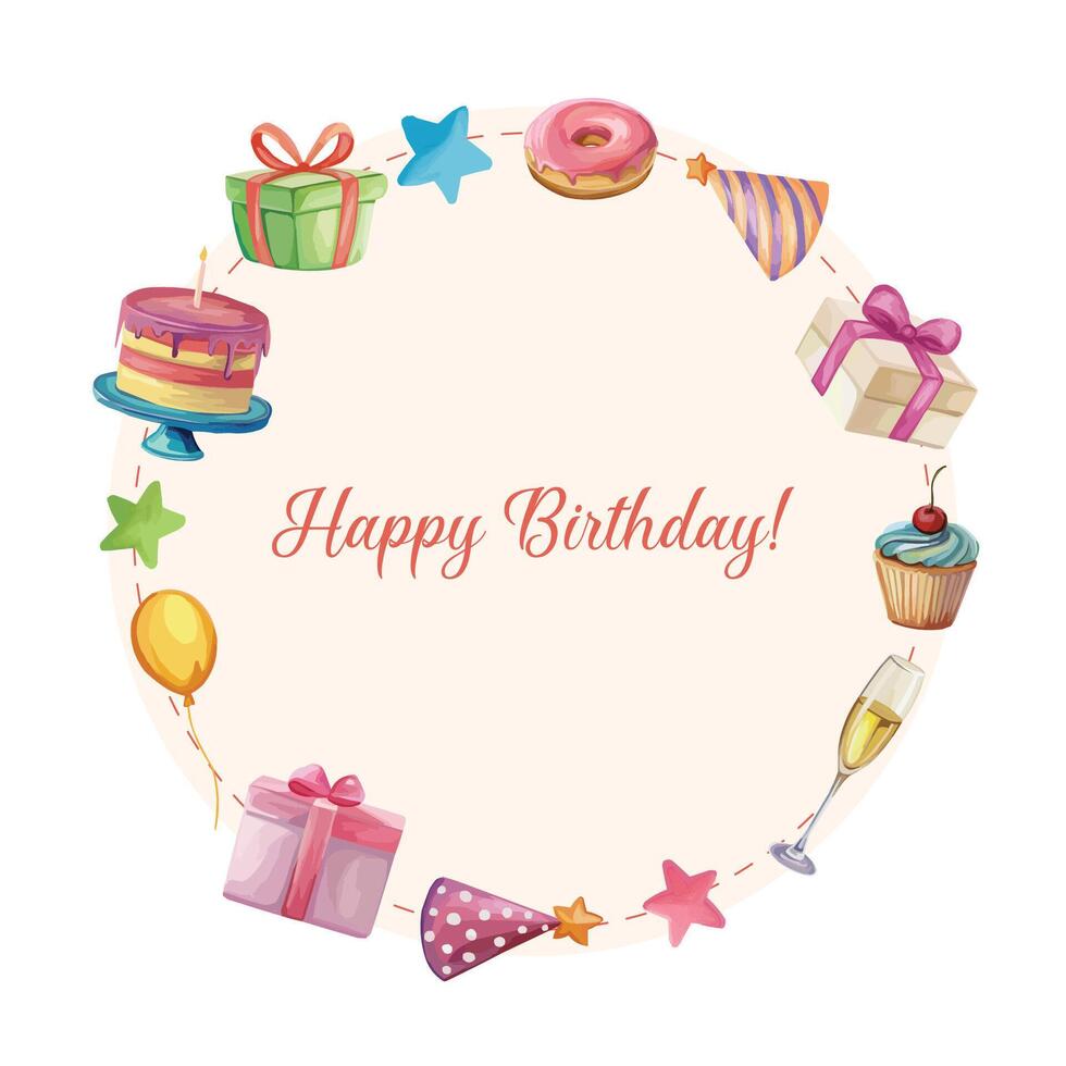 Birthday circular photo frame with different party and celebration elements vector