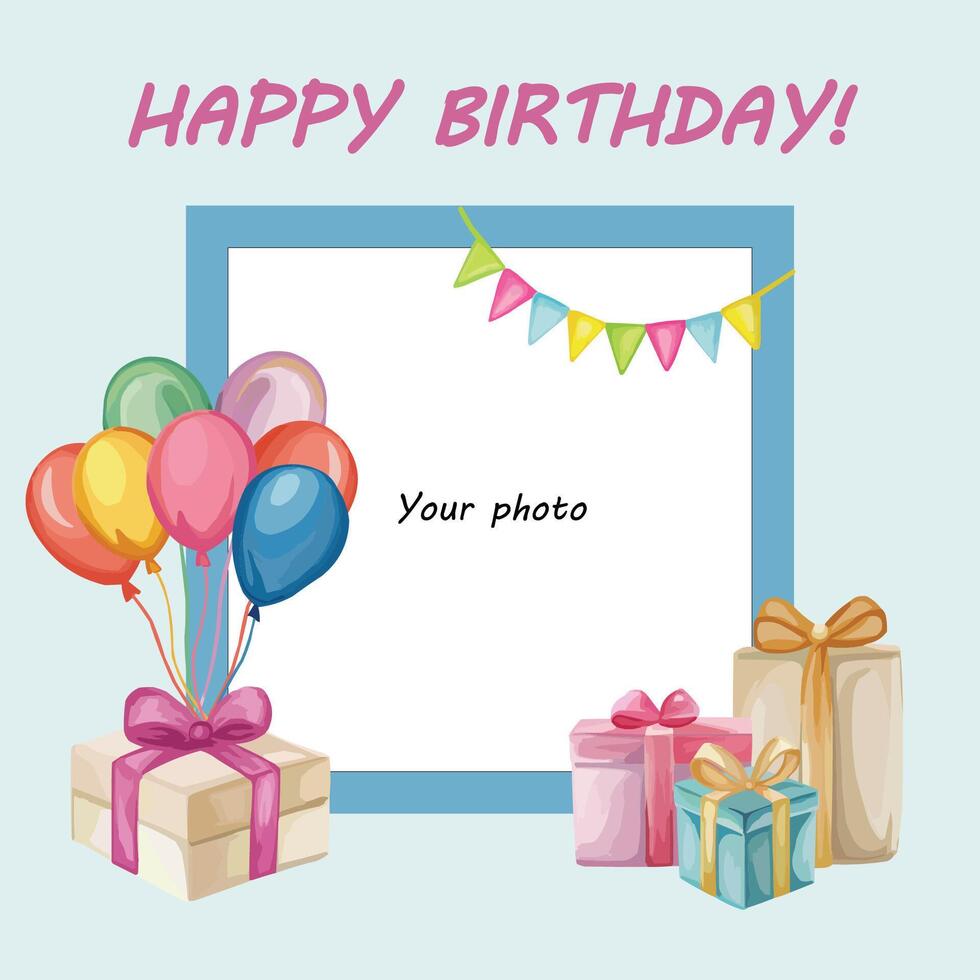 Birthday frame with photo composition for greeting card with party elements vector