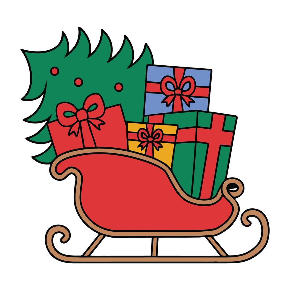 Red Sleigh Filled with Gifts and Decorated Tree Illustration vector