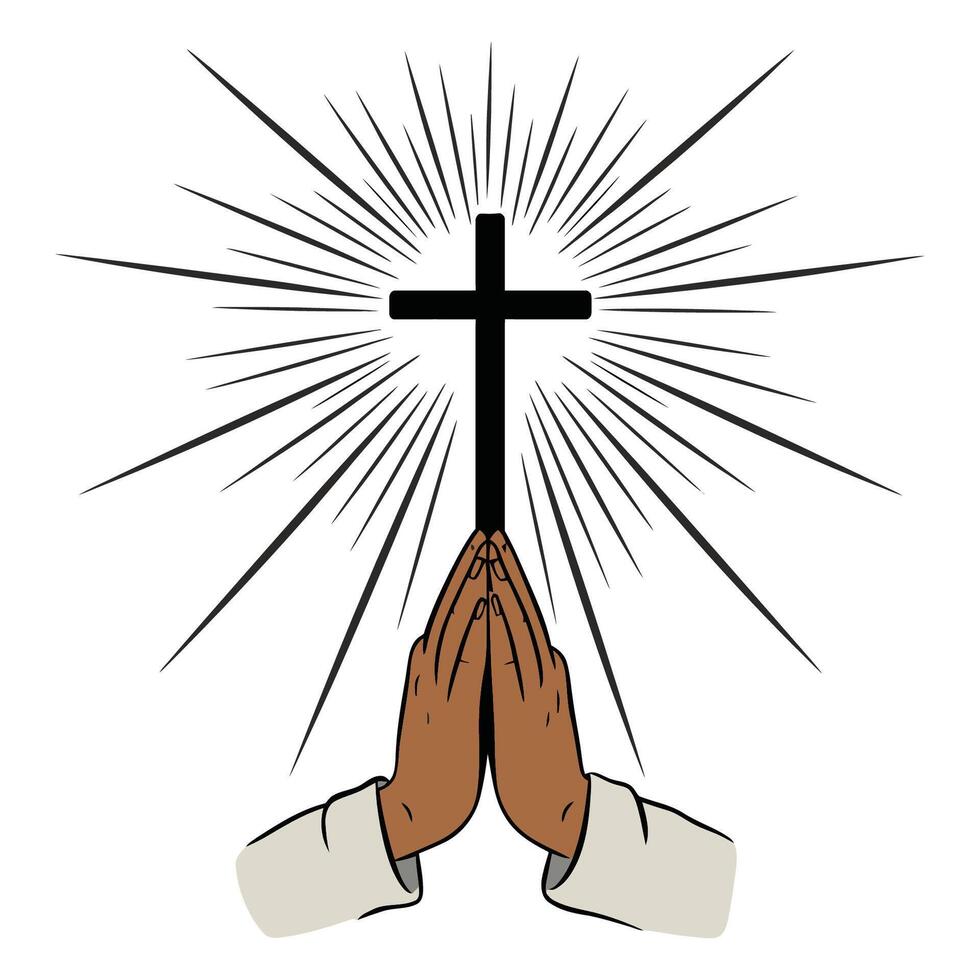 Praying Hands Under a Radiant Cross Illustration vector