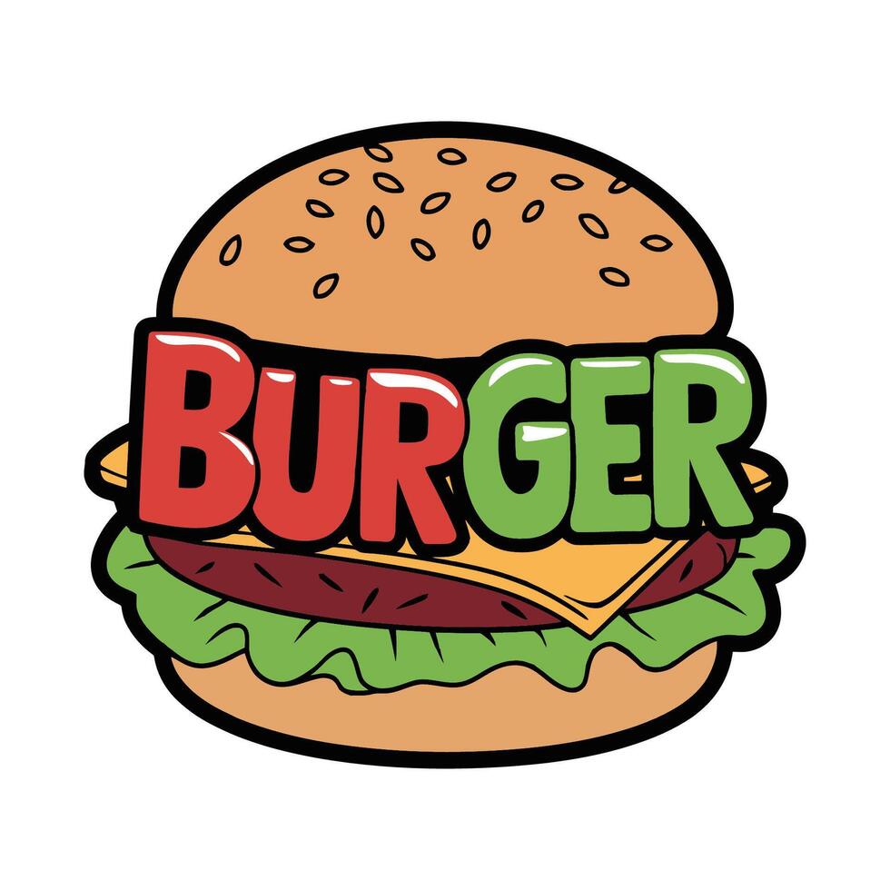 Cartoon Burger Illustration with Bold 'BURGER' Text vector