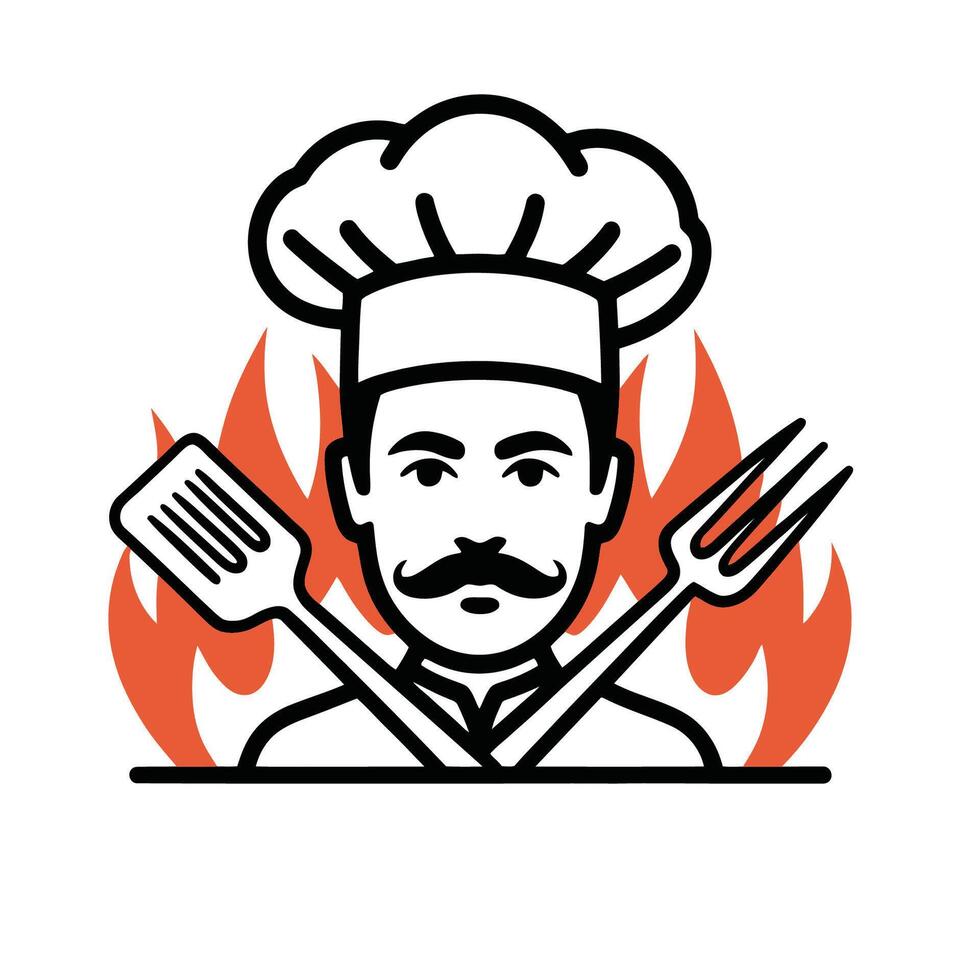Chef with Grill Tools and Flames Illustration vector