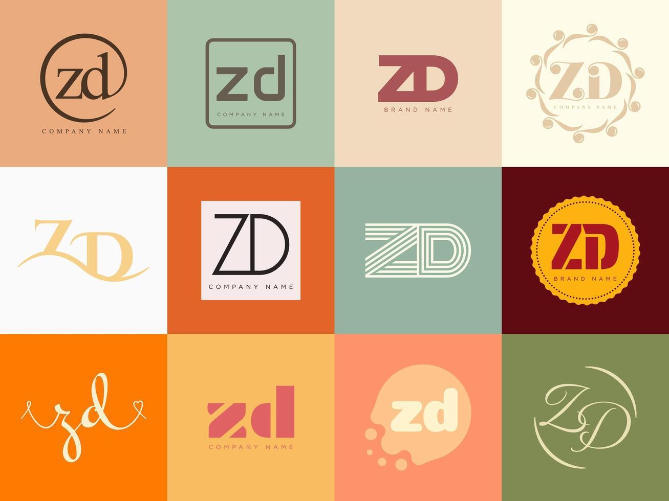 ZD logo company template. Letter z and d logotype. Set different classic serif lettering and modern bold text with design elements. Initial font typography. vector