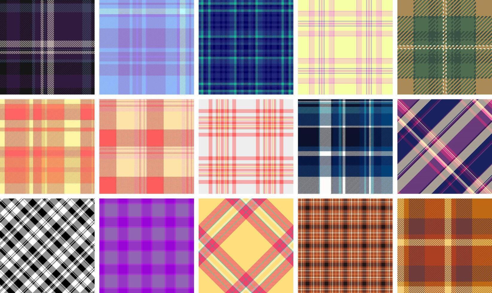 A plaid pattern collection featuring geometric checks and stripes, ideal for trendy clothing, textile designs, or stylish wallpaper. vector