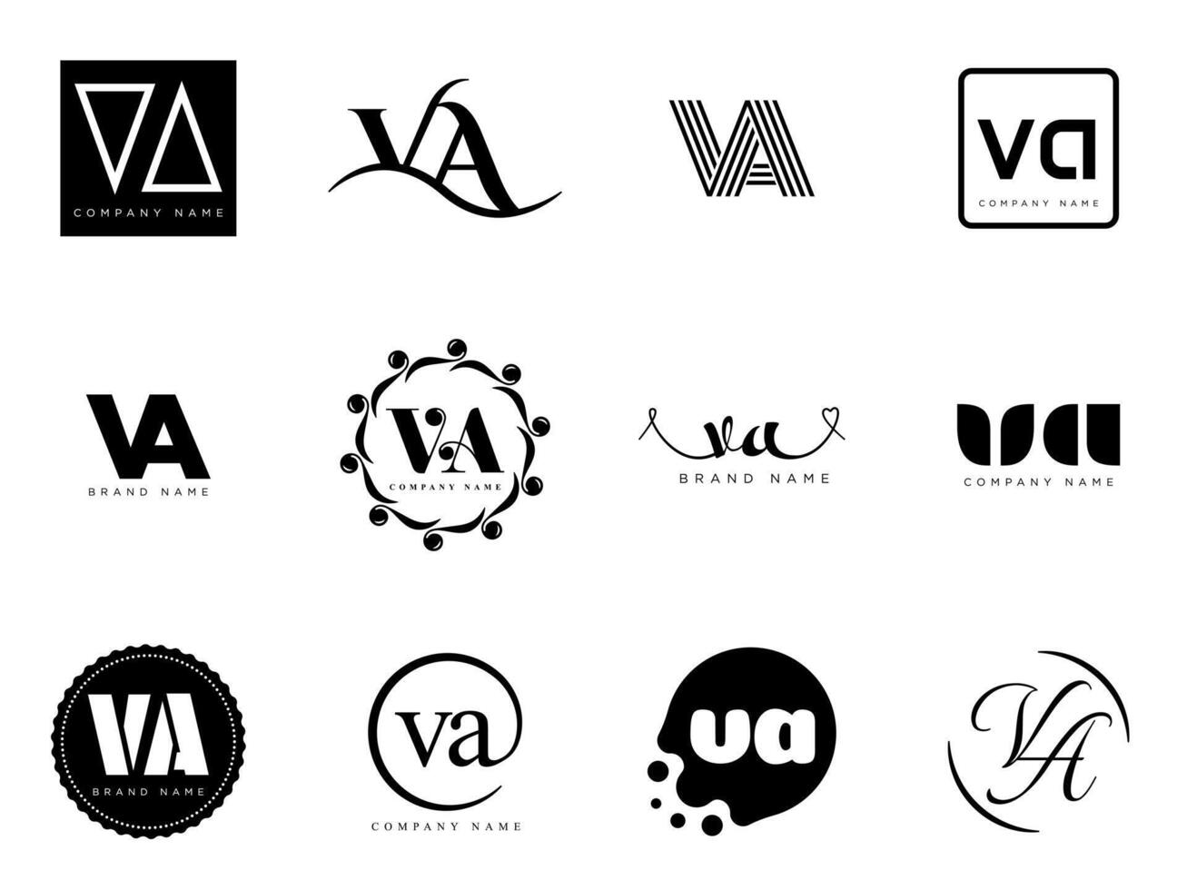 VA logo company template. Letter v and a logotype. Set different classic serif lettering and modern bold text with design elements. Initial font typography. vector