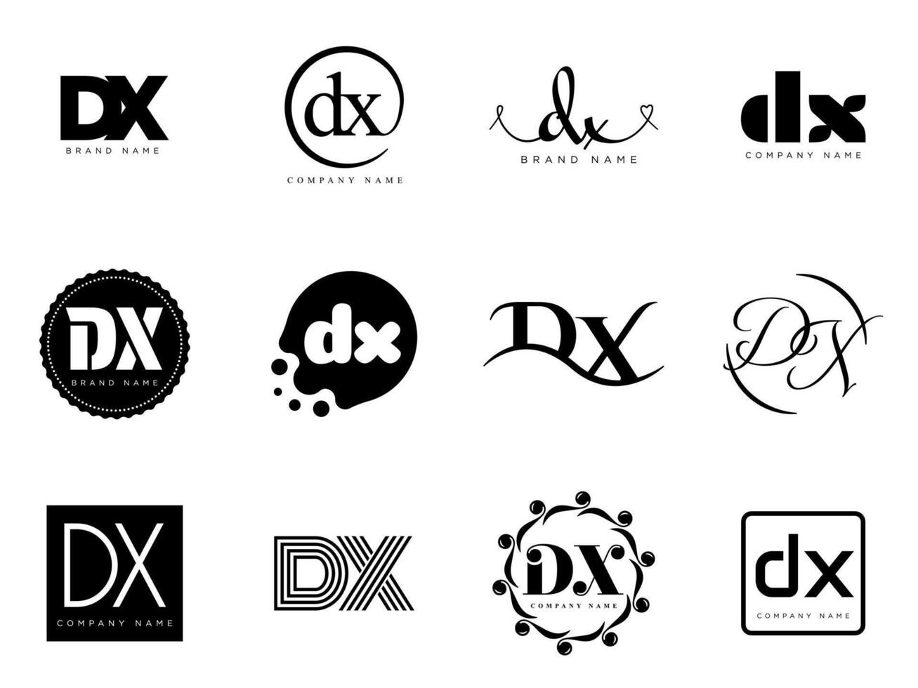 DX logo company template. Letter d and x logotype. Set different classic serif lettering and modern bold text with design elements. Initial font typography. vector