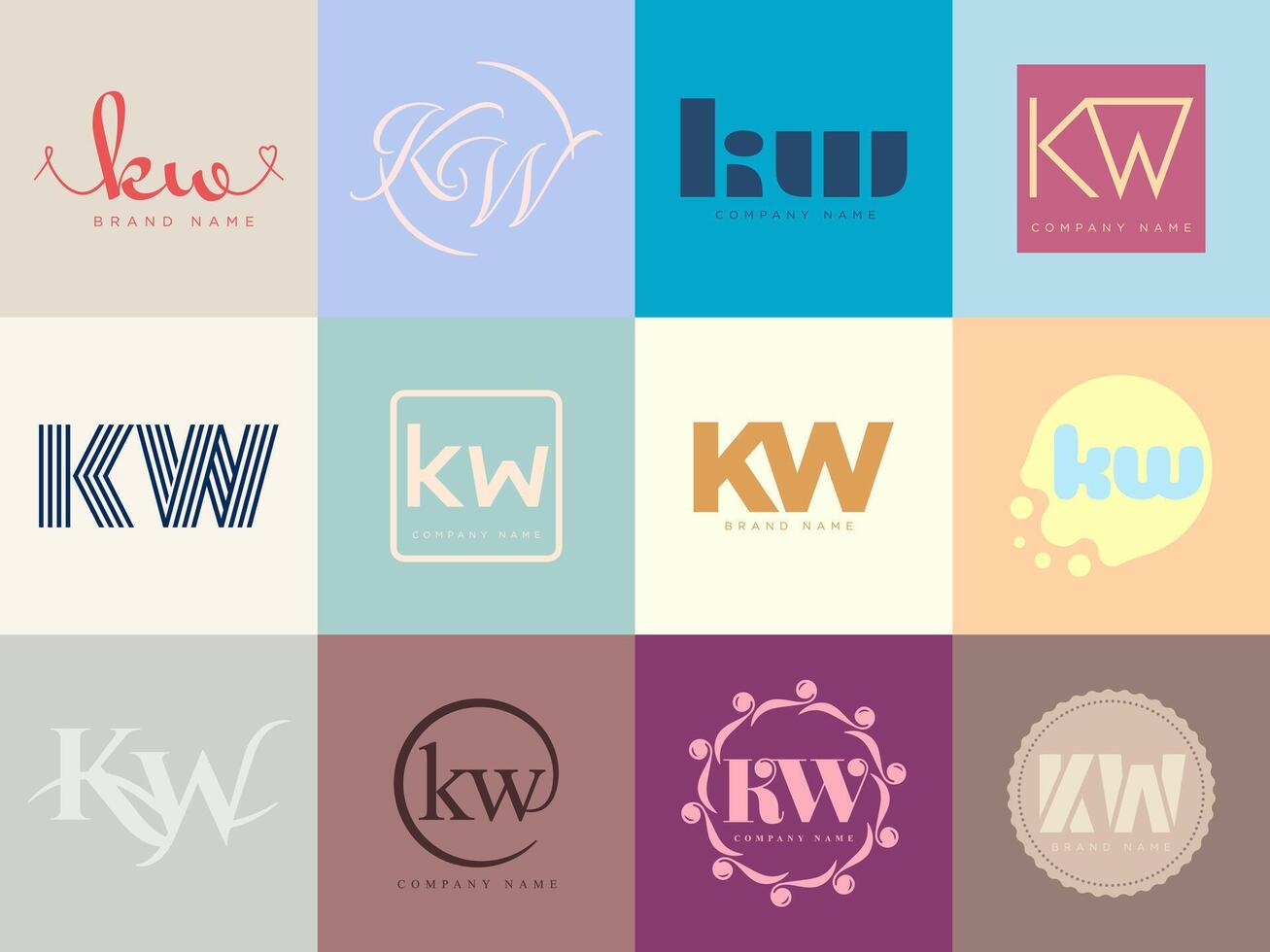 KW logo company template. Letter k and w logotype. Set different classic serif lettering and modern bold text with design elements. Initial font typography. vector