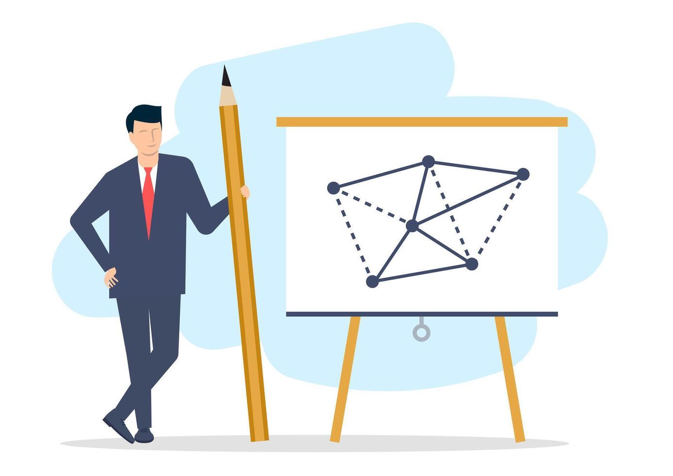 A young man in a suit draws a graph on a blackboard. illustration. vector