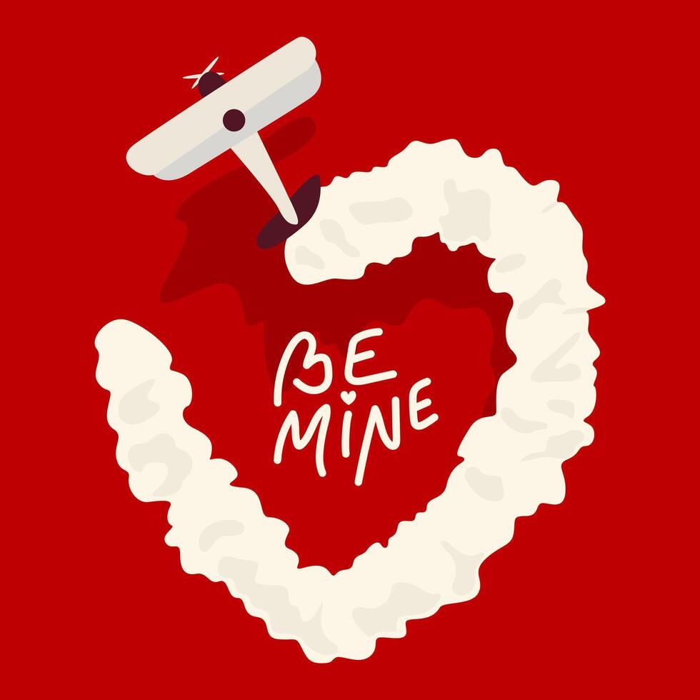 Be mine illustration. Happy Valentine's day, wedding and love concept. A plane that flies and draws a heart on a red background. Love airplane. For posters, greeting card, stickers and print vector