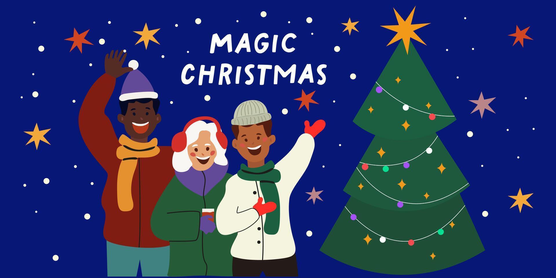 Friends characters in winter clothes celebrate New Year's holidays near the Christmas tree. Group of young different people. Christmas, New year and other winter celebration vector