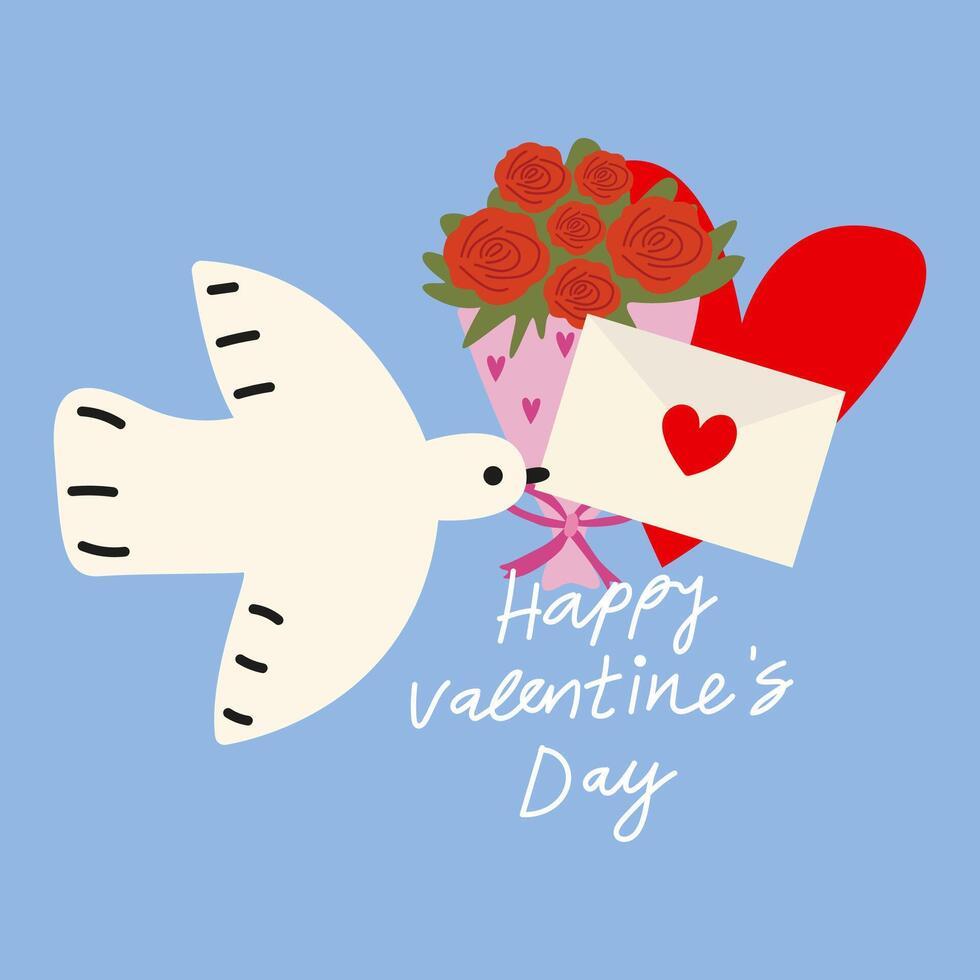 Happy Valentine's Day poster. Aesthetics love design for 14 February holiday. The symbol of love, flat white dove flying with a bouquet of roses and a valentine vector