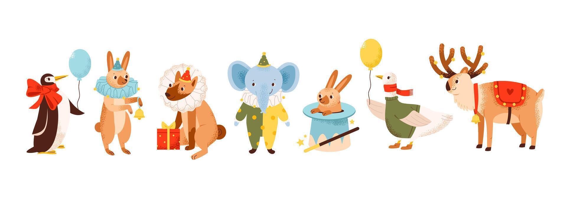 Cute Christmas animals. Pets in festive hats, costumes and with balloons. Baby shower with bunny, deer, penguin, elephant and dog. Flat illustration set vector