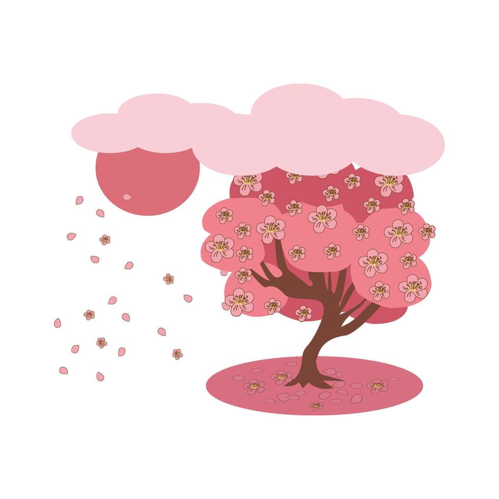 Blooming sakura and sun under clouds on white vector