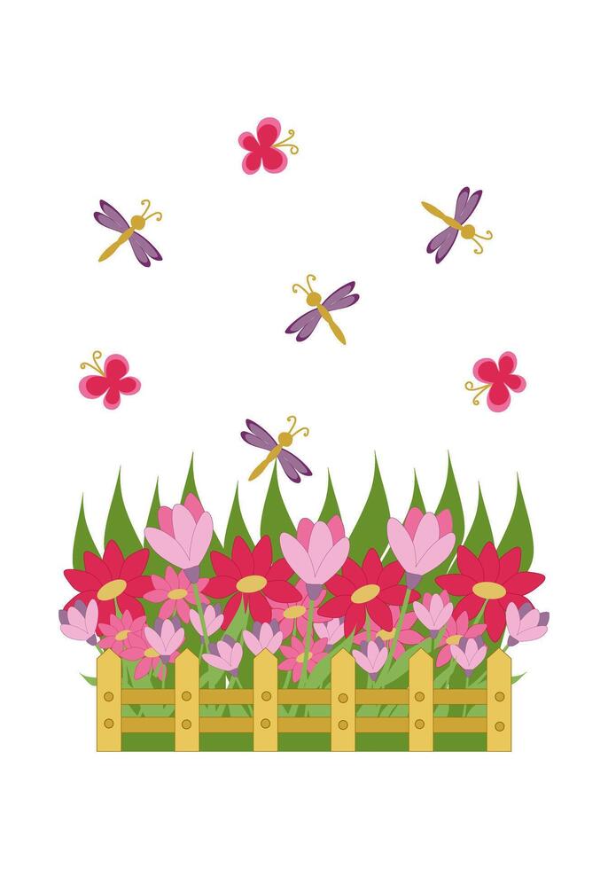 Dragonflies and butterflies flutter over a flower bed on white vector