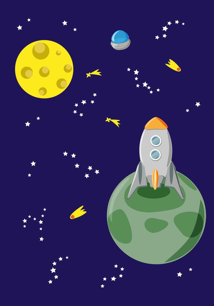 Space landscape with rocket standing on unknown planet - vertical vector