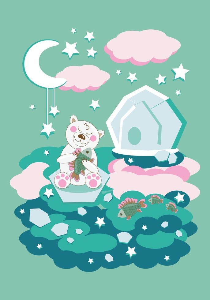 Polar bear cub on ice floe near water with fish under moon - vertical vector