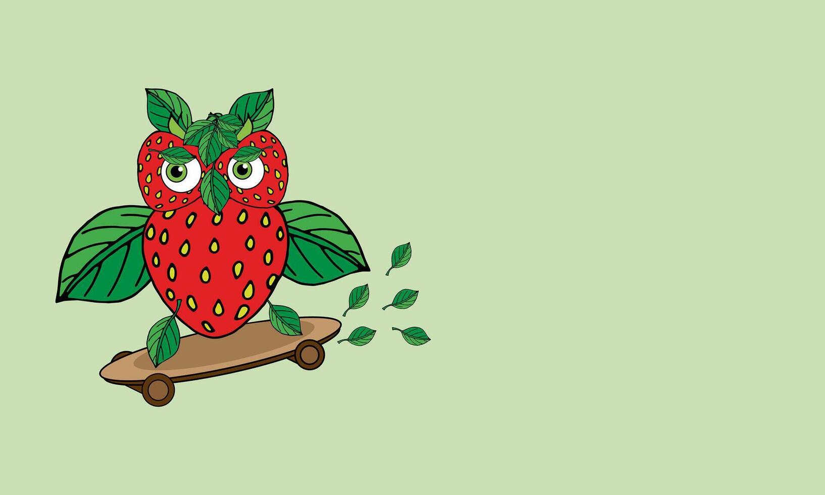 Strawberry owl on skateboard on light green vector